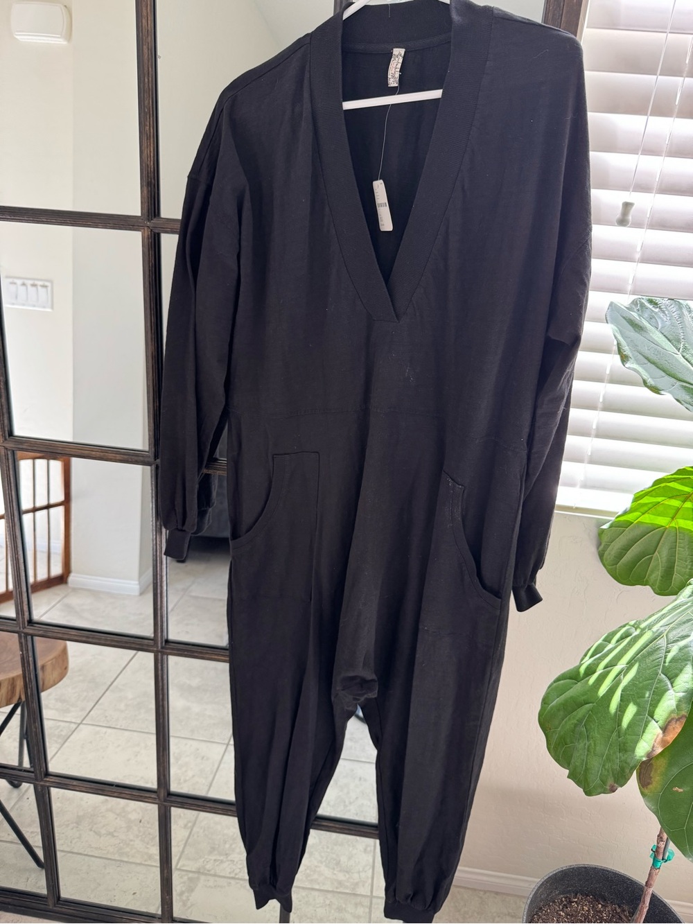 Free People Black Deep V-Neck Long Sleeve Jumpsuit
